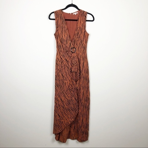 Ronny Kobo Wrap Effect Tiger Print Linen Maxi Dress Casual Cocktail Brown - Picture 2 of 7